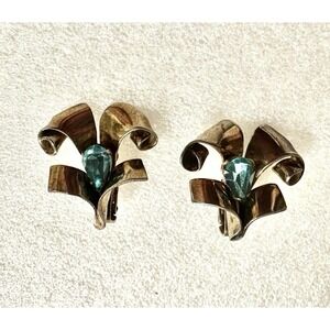 1940's Clip On Earrings Lily Flower Sterling Blue Rhinestones